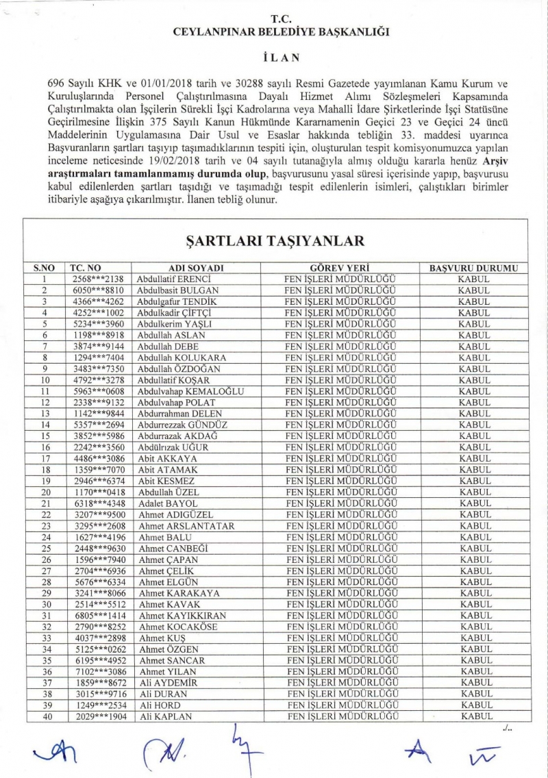 Ceylanpınar Belediyesi Taşeron İşçi Başvurusu Tespit Komisyonu Karar İlanı